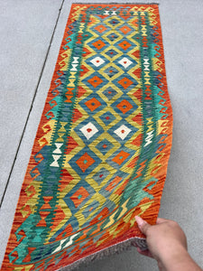 3x7 Handmade Afghan Kilim Runner Rug | Burnt Orange Blue Teal Mustard Yellow Pine Olive Green White | Flatweave Wool Tribal Outdoor