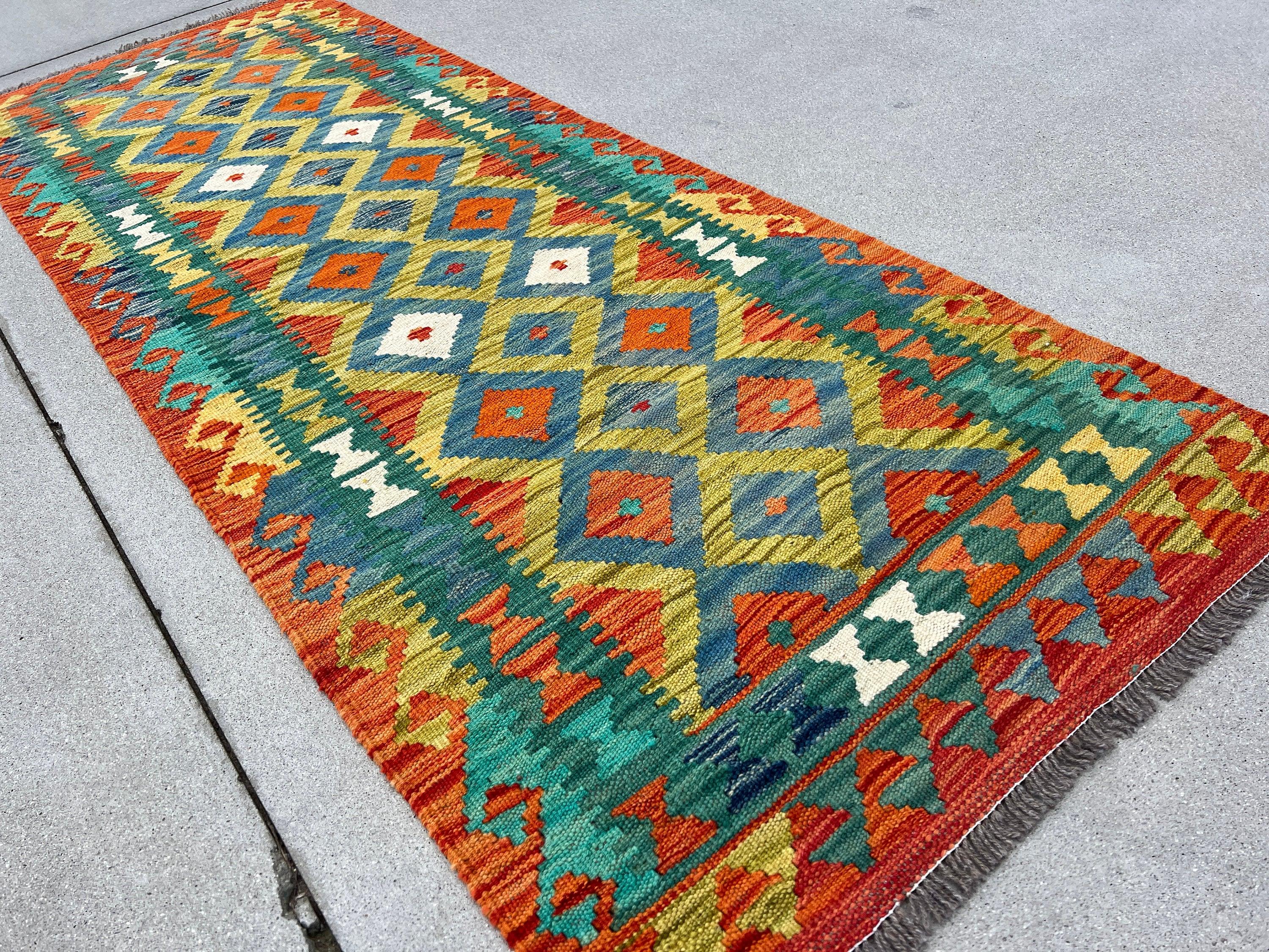 3x7 Handmade Afghan Kilim Runner Rug | Burnt Orange Blue Teal Mustard Yellow Pine Olive Green White | Flatweave Wool Tribal Outdoor