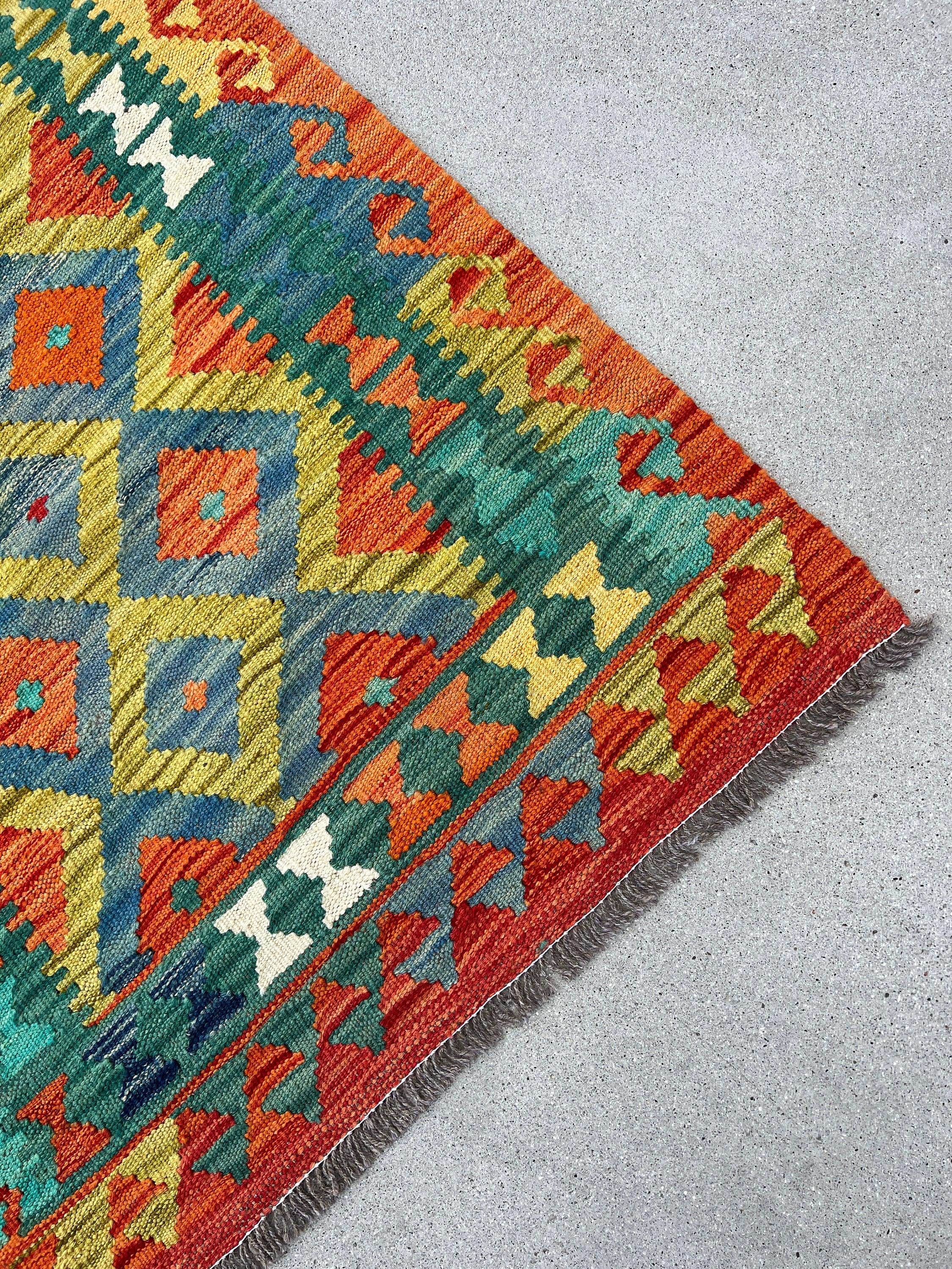 3x7 Handmade Afghan Kilim Runner Rug | Burnt Orange Blue Teal Mustard Yellow Pine Olive Green White | Flatweave Wool Tribal Outdoor