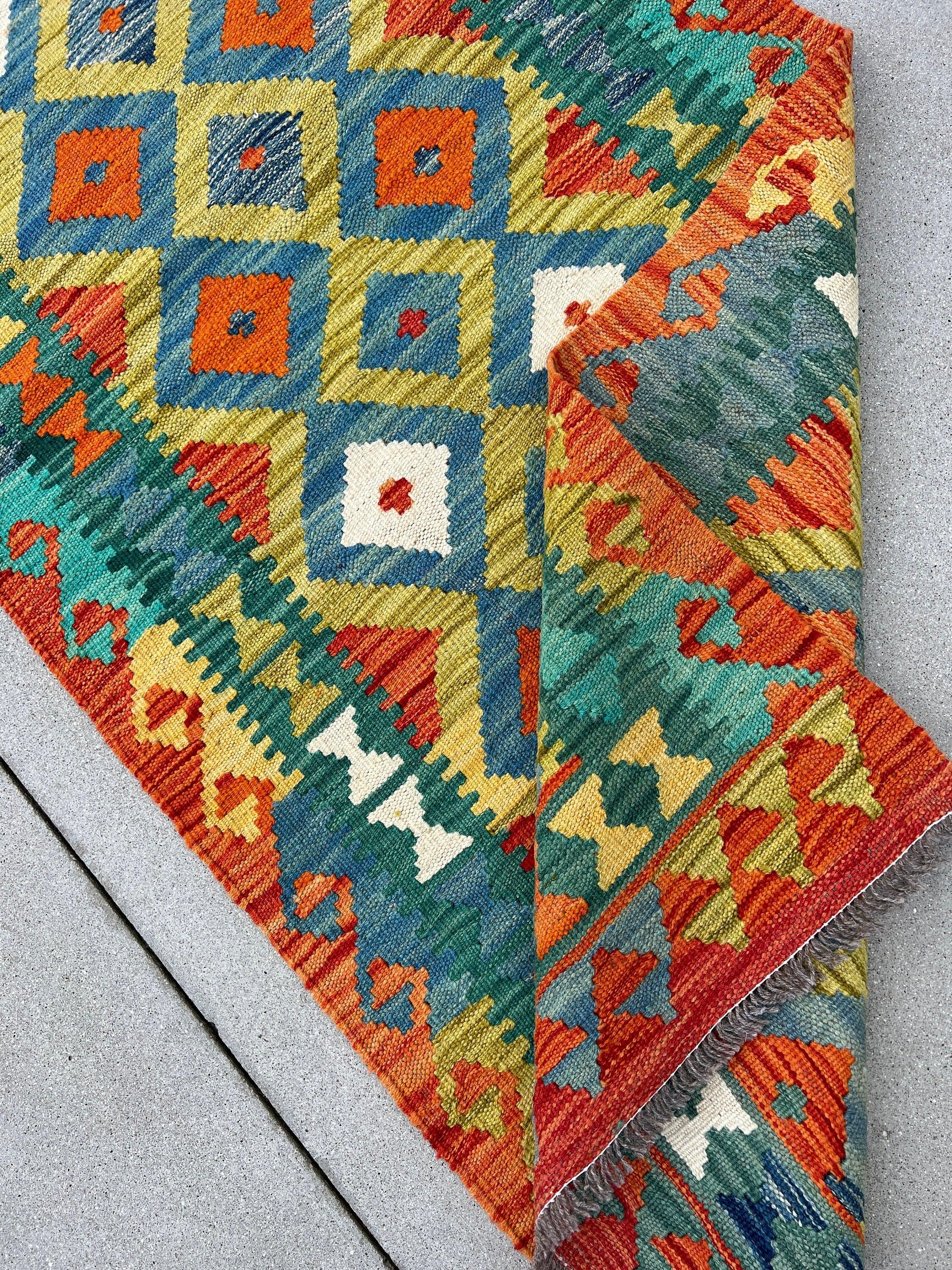 3x7 Handmade Afghan Kilim Runner Rug | Burnt Orange Blue Teal Mustard Yellow Pine Olive Green White | Flatweave Wool Tribal Outdoor