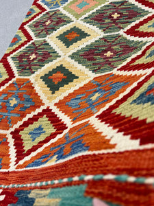 2x7 Handmade Afghan Kilim Runner Rug | Burnt Orange Red Blue Olive Pine Green Yellow Brown Ivory | Flatweave Flat Woven Wool Outdoor