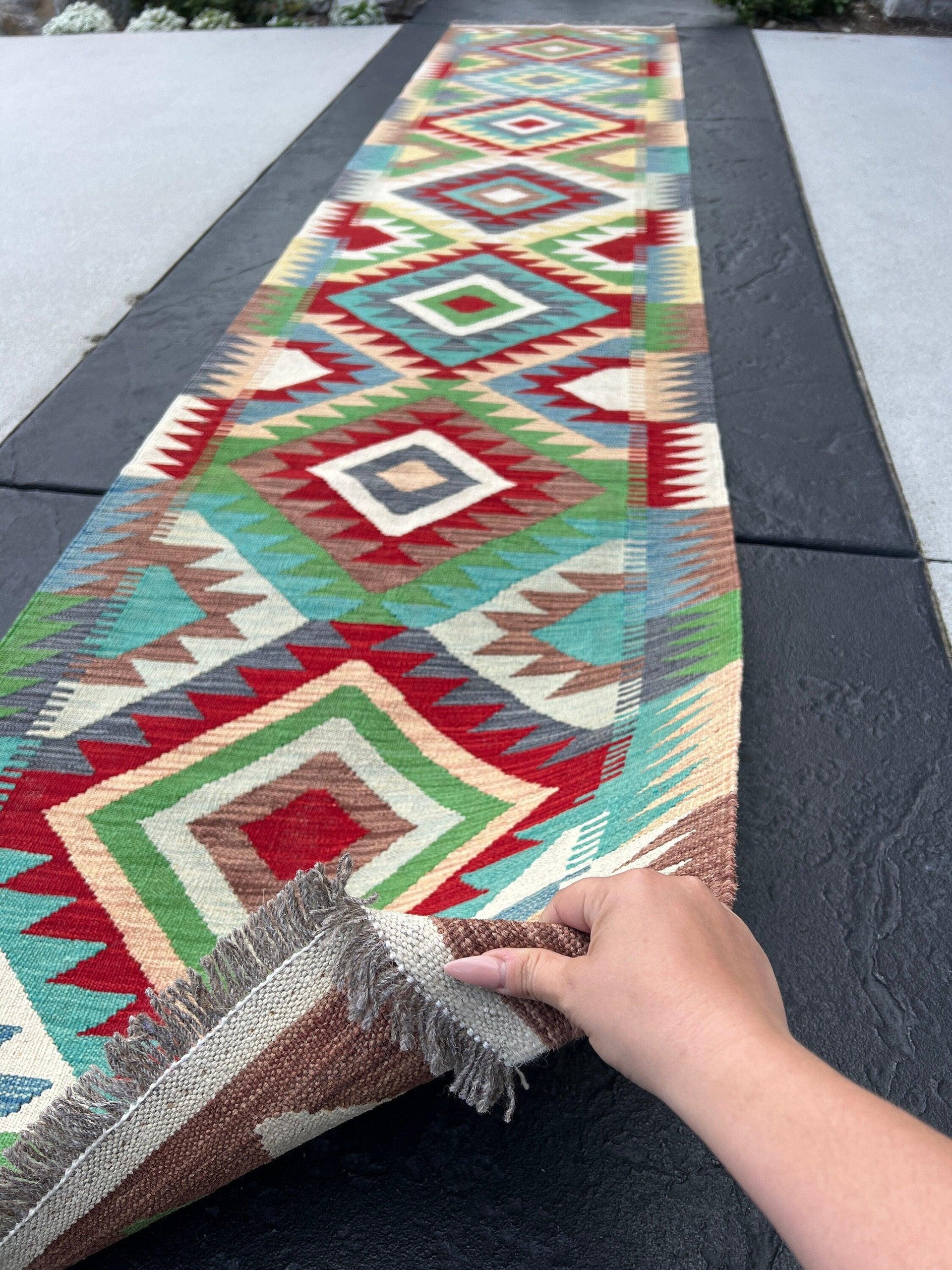 3x13 Handmade Afghan Kilim Runner Rug | Mocha Brown Ivory Red White Green Blue Turquoise Tan | Flatweave Flat Woven Wool Persian Outdoor