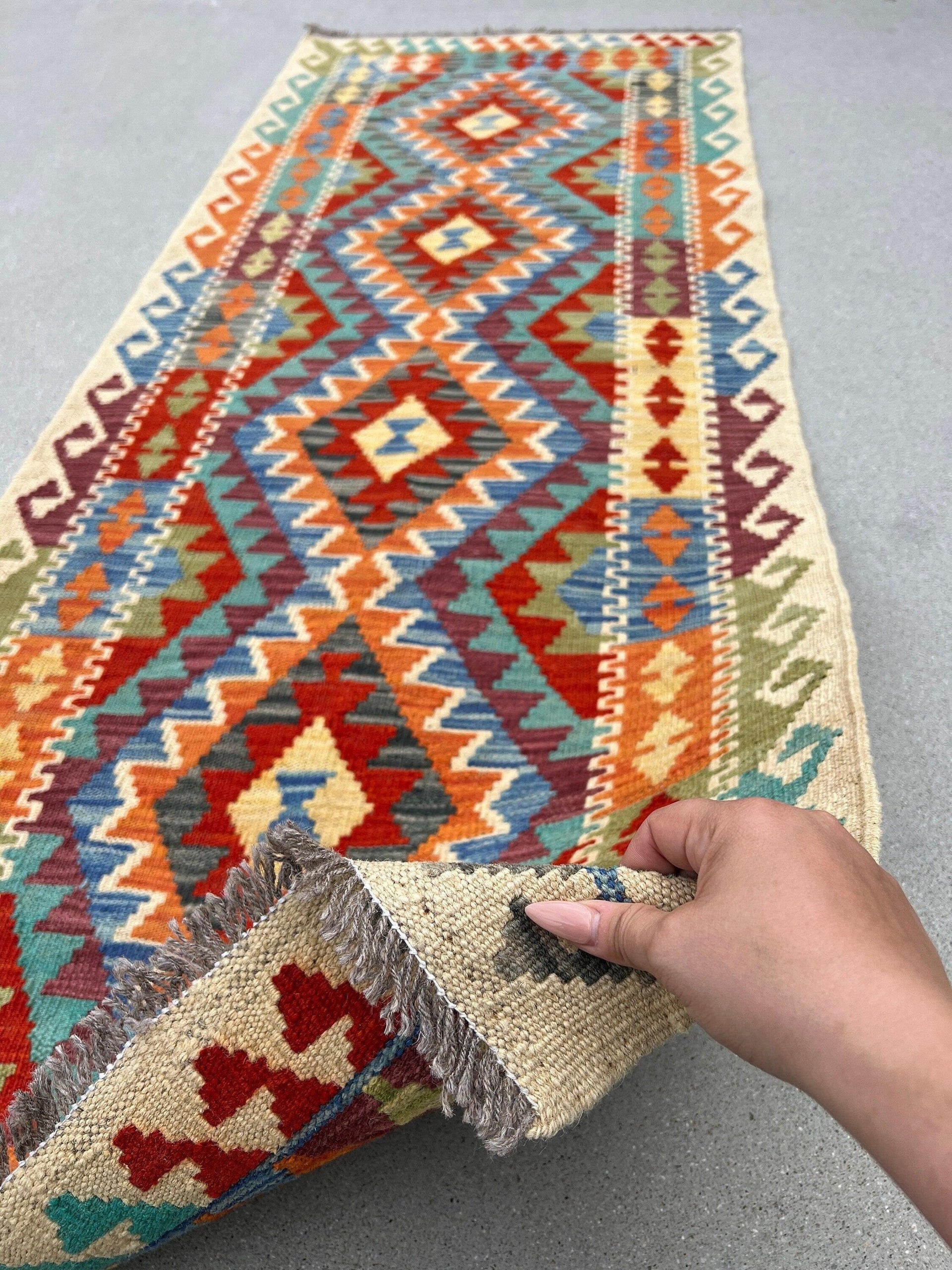 3x7 (100x200) Handmade Afghan Kilim Runner Rug | Cream Beige Blue Turquoise Moss Green Black Yellow Orange Red Eggplant | Flatweave Outdoor