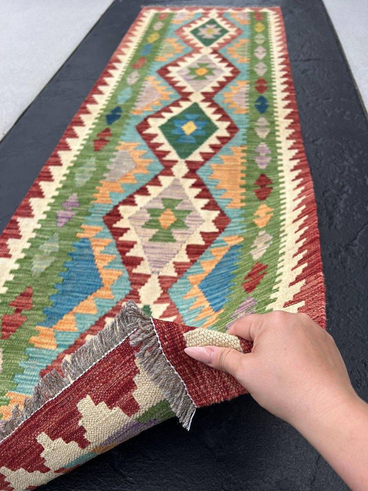 3x8 Handmade Afghan Kilim Runner Rug | Red Cream Beige Purple Turquoise Pine Green Mustard Yellow| Flatweave Flat Woven Persian Wool Outdoor