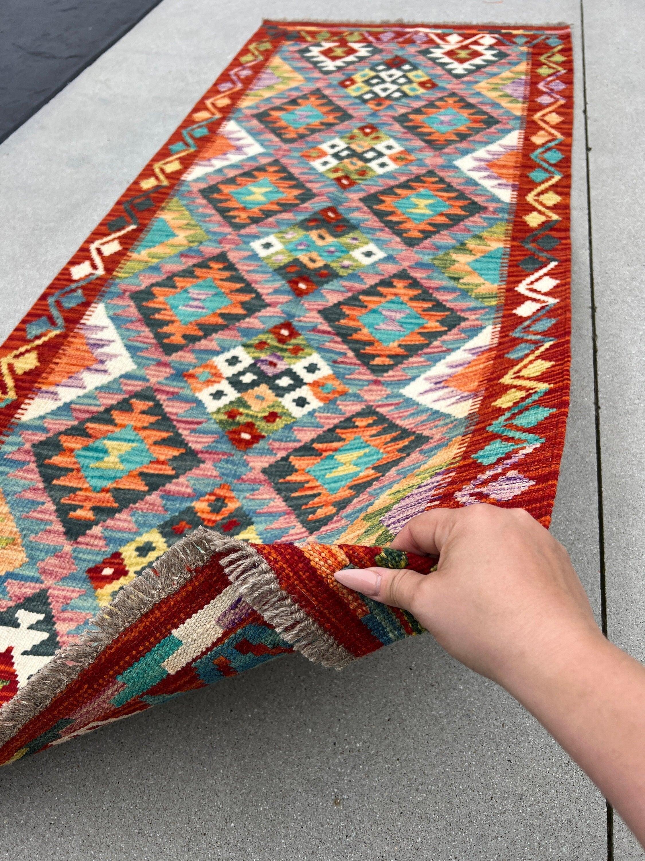 3x7 Handmade Afghan Kilim Runner Rug | Burnt Orange Prussian Sky Denim Blue White Purple Wine Red Caramel Brown Olive Green | Flatweave Wool