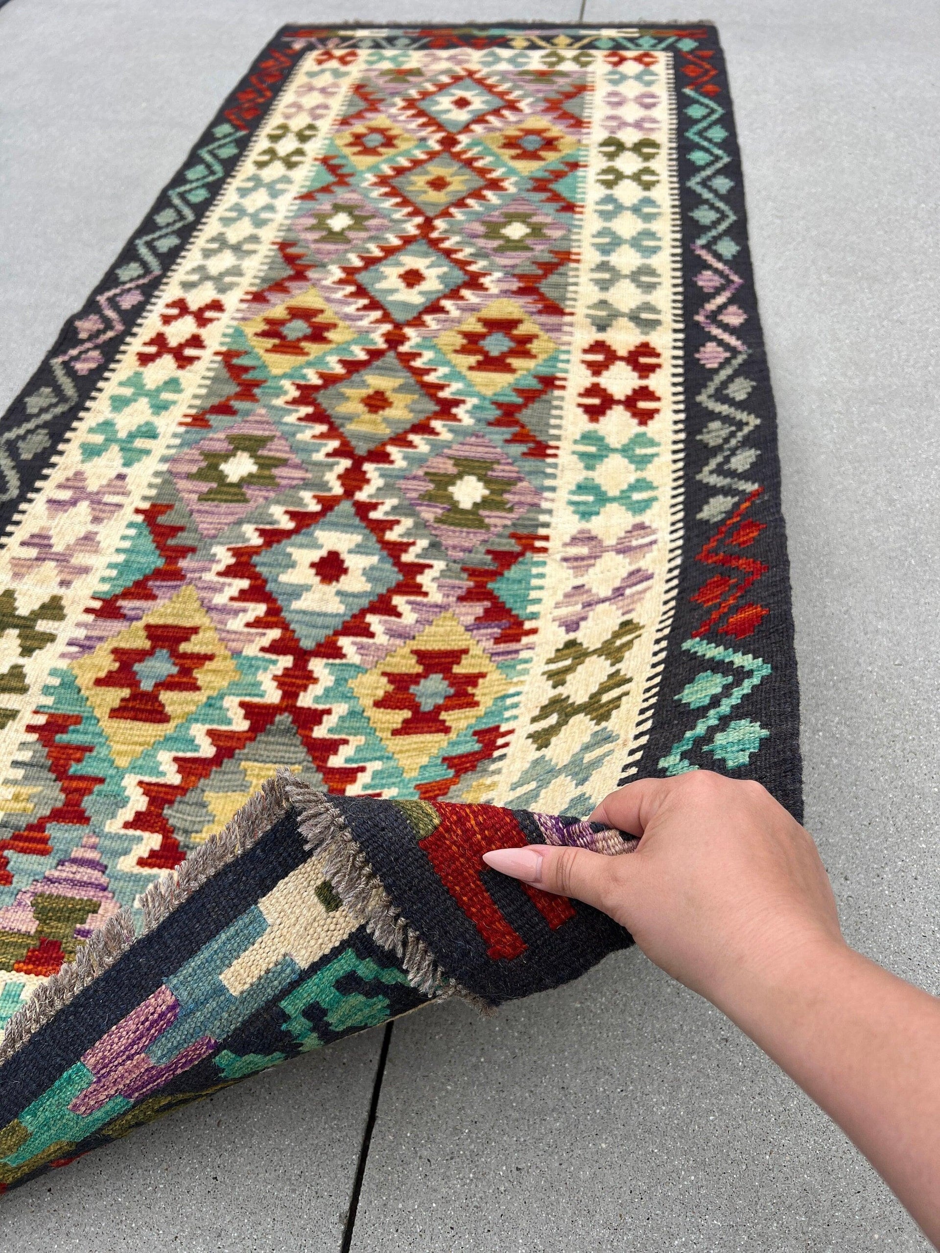 3x7 Handmade Afghan Kilim Runner Rug | Indigo Burnt Fire Orange Purple Blue Turquoise Mustard Yellow Moss Green Grey | Flatweave Outdoor