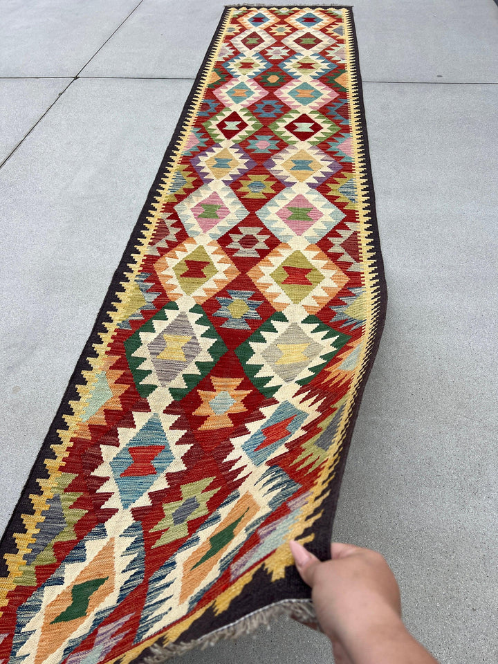 3x13 Handmade Afghan Kilim Runner Rug | Red Black Mustard Purple Blue Pine Olive Green Ivory Cream Orange Grey | Flatweave Persian Outdoor