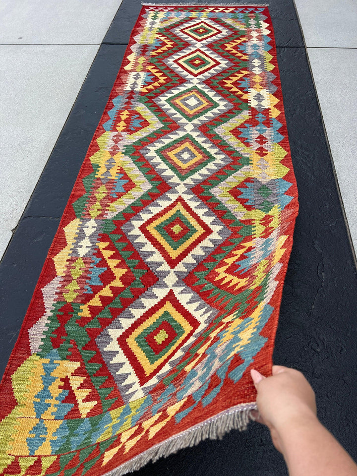 3x10 Handmade Afghan Kilim Runner Rug | Red Blood Orange Blue Golden Yellow Grey Pine Green Cream Flatweave Flat Woven Persian Wool Outdoor