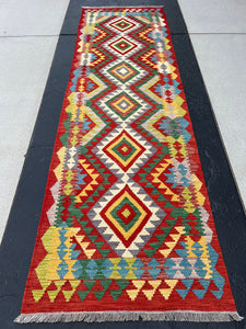 3x10 Handmade Afghan Kilim Runner Rug | Red Blood Orange Blue Golden Yellow Grey Pine Green Cream Flatweave Flat Woven Persian Wool Outdoor