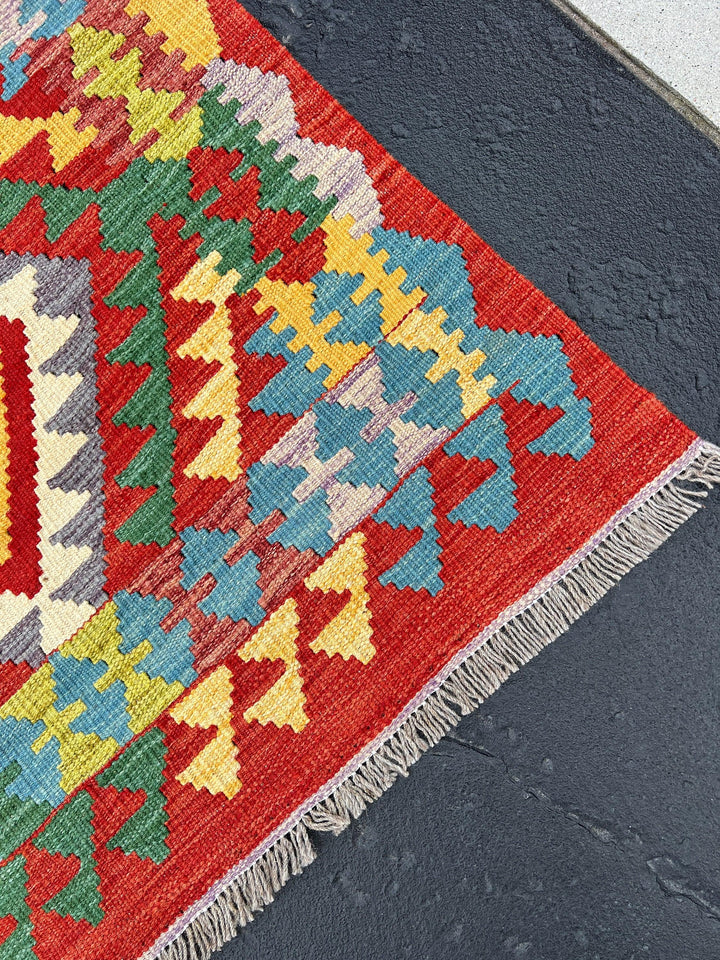 3x10 Handmade Afghan Kilim Runner Rug | Red Blood Orange Blue Golden Yellow Grey Pine Green Cream Flatweave Flat Woven Persian Wool Outdoor