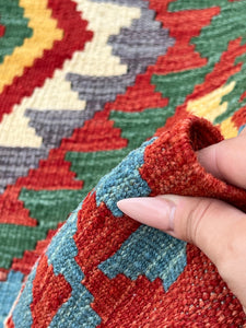 3x10 Handmade Afghan Kilim Runner Rug | Red Blood Orange Blue Golden Yellow Grey Pine Green Cream Flatweave Flat Woven Persian Wool Outdoor