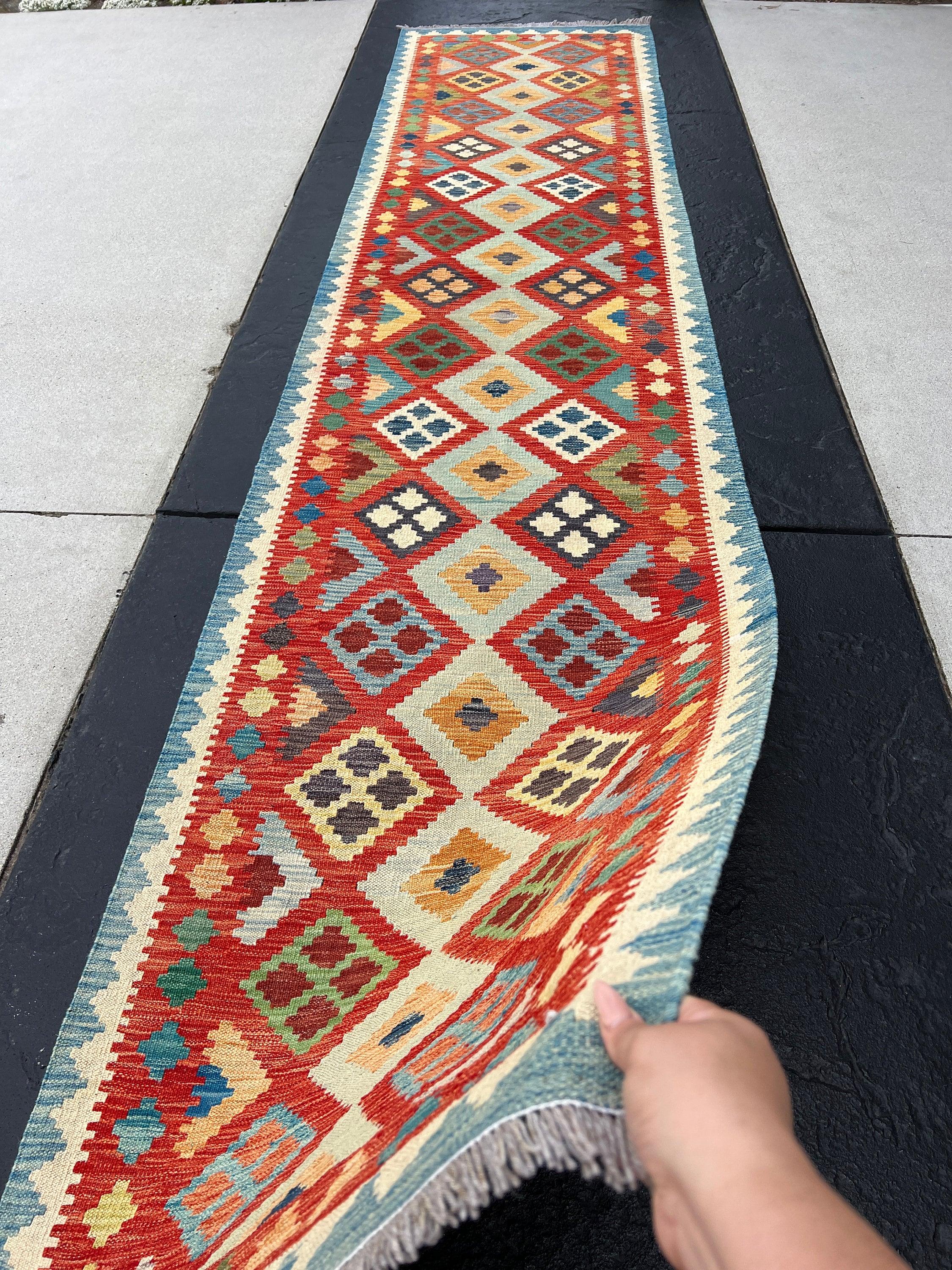 3x13 Handmade Afghan Kilim Runner Rug | Denim Blue Red Cream Coral Orange Green Grey Golden Yellow | Flatweave Flat Woven Outdoor Persian