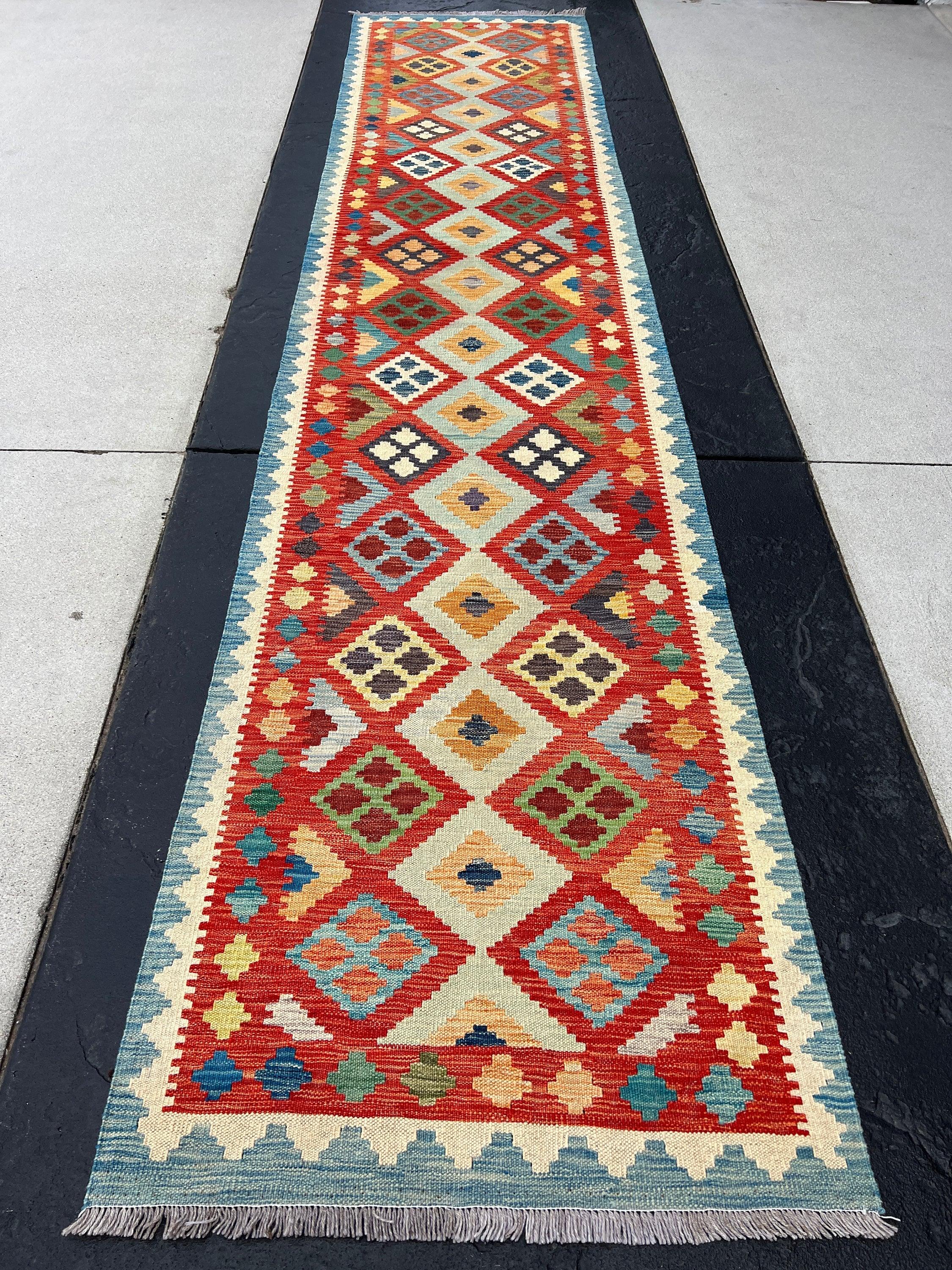 3x13 Handmade Afghan Kilim Runner Rug | Denim Blue Red Cream Coral Orange Green Grey Golden Yellow | Flatweave Flat Woven Outdoor Persian