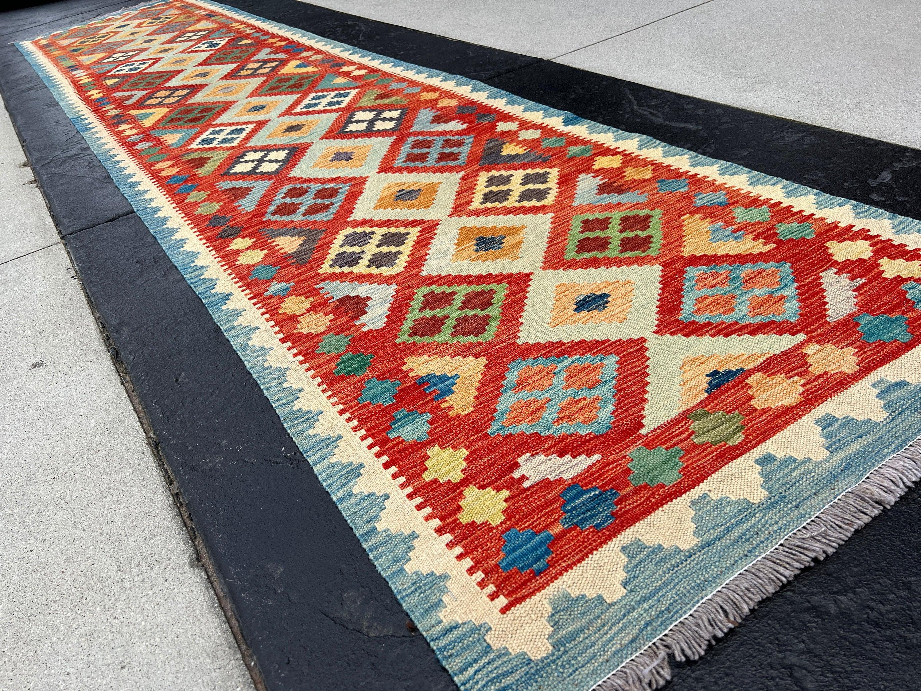 3x13 Handmade Afghan Kilim Runner Rug | Denim Blue Red Cream Coral Orange Green Grey Golden Yellow | Flatweave Flat Woven Outdoor Persian