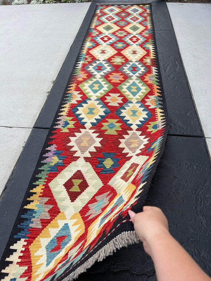 3x13 Handmade Afghan Kilim Runner Rug | Cherry Garnet Red Black Mustard Yellow Blue Light Green Ivory Cream Light Brown Mauve | Flatweave