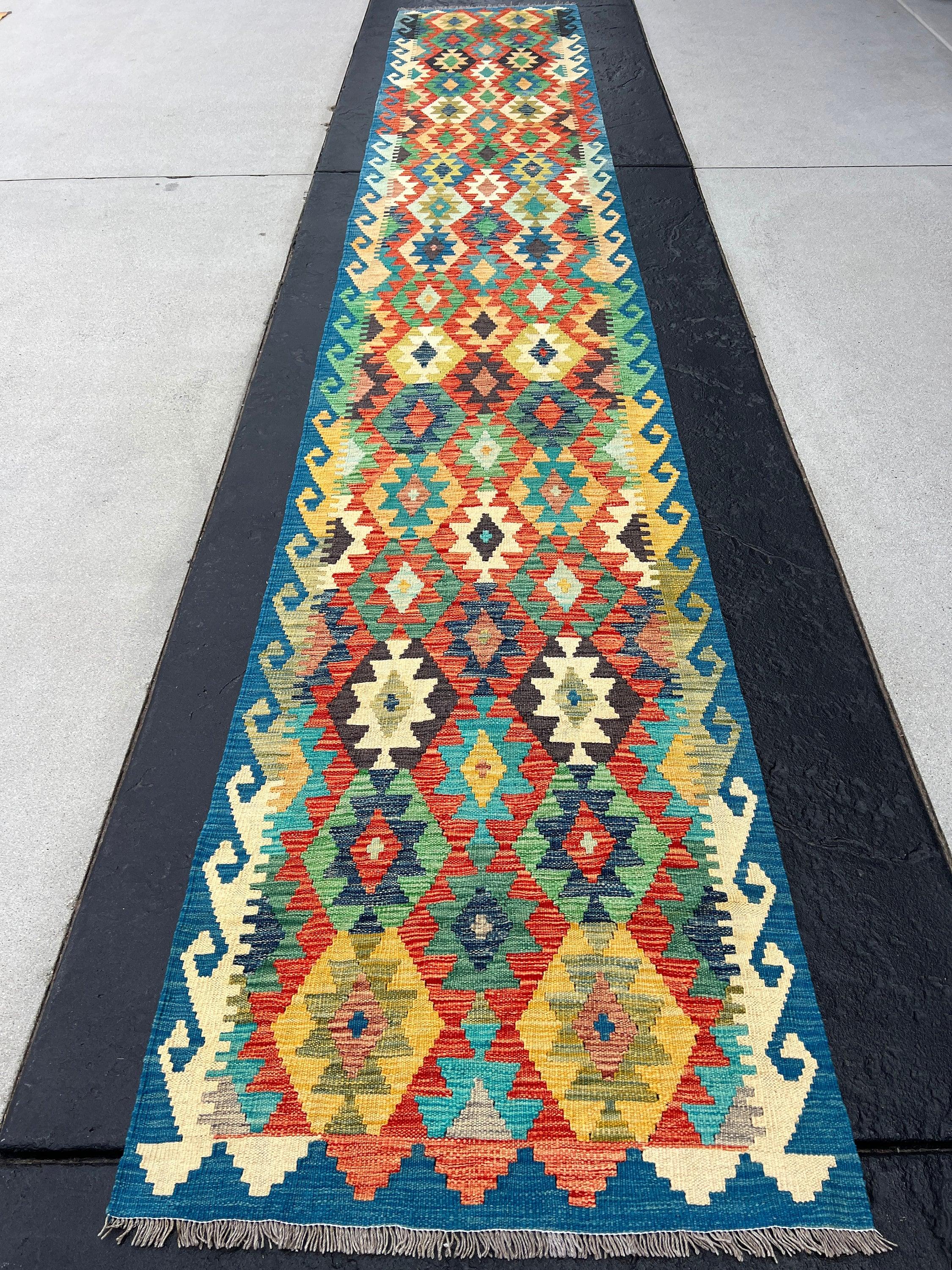 3x16 Handmade Afghan Kilim Runner Rug | Royal Denim Sky Blue Cream Beige Mustard Yellow Orange Indigo Green Grey | Flatweave Outdoor Persian