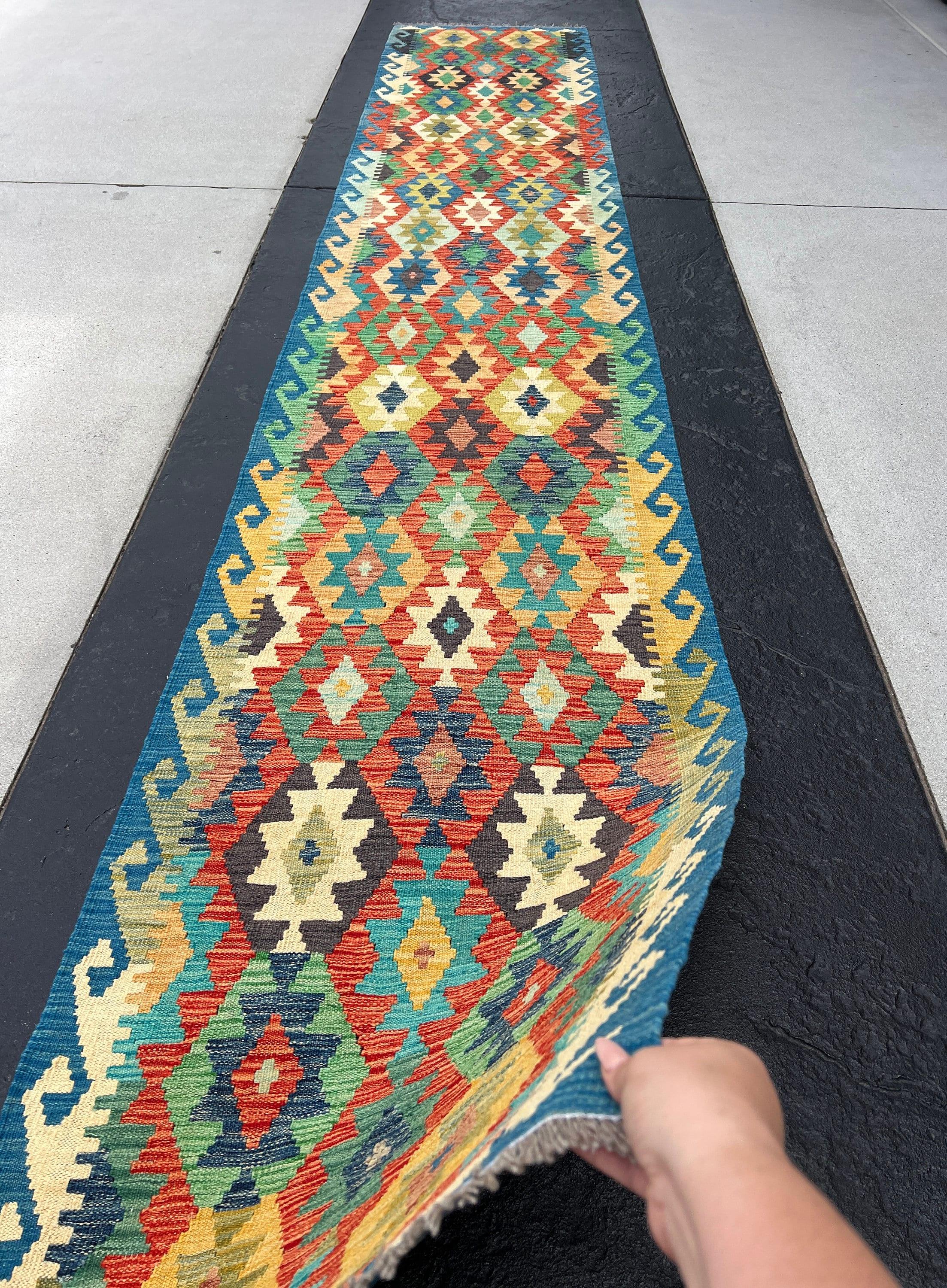 3x16 Handmade Afghan Kilim Runner Rug | Royal Denim Sky Blue Cream Beige Mustard Yellow Orange Indigo Green Grey | Flatweave Outdoor Persian