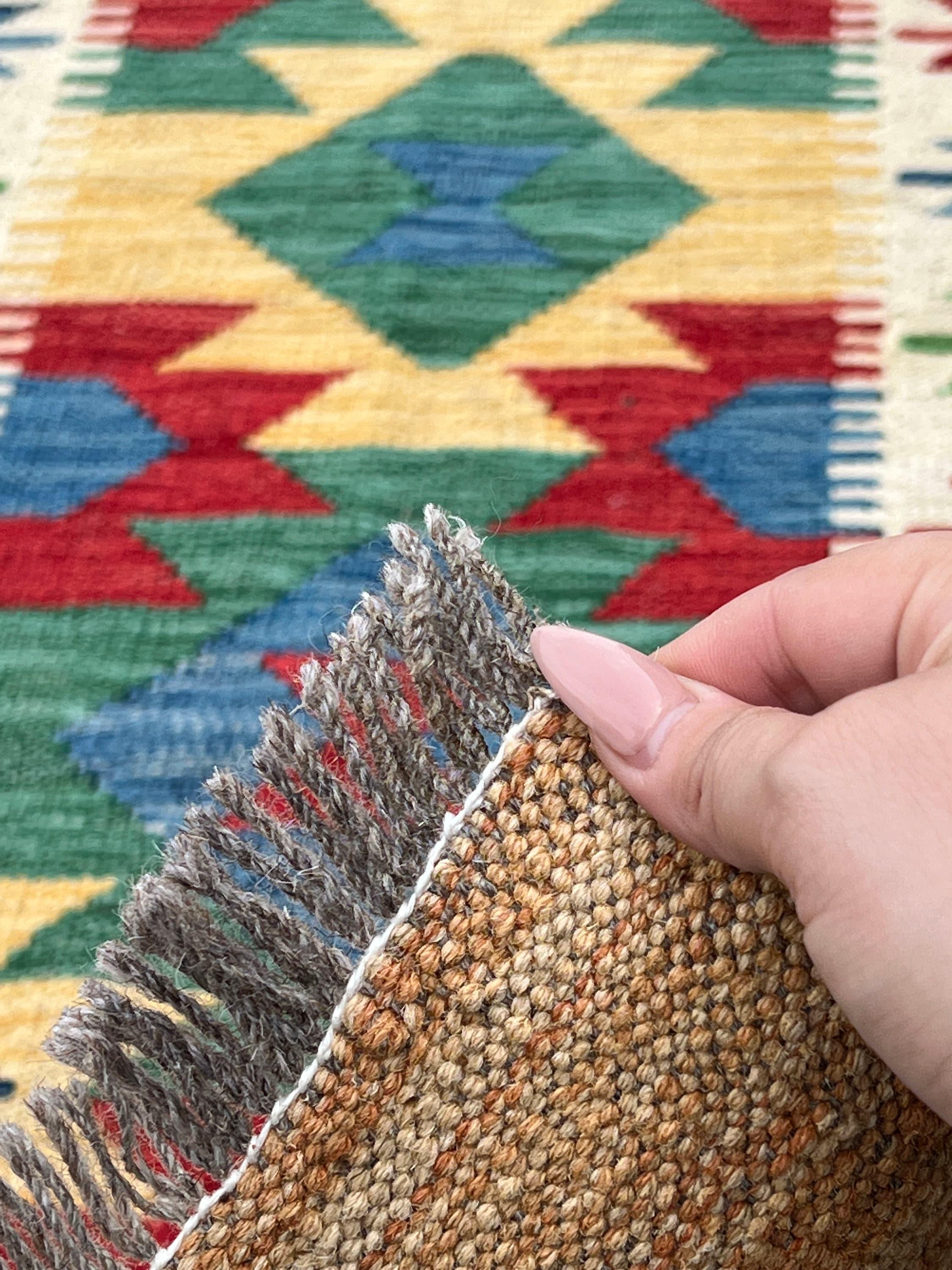 3x13 Handmade Afghan Kilim Runner Rug | Tan Brown Forest Green Red Denim Blue Ivory Cream | Flatweave Flat Woven Boho Persian Wool Outdoor