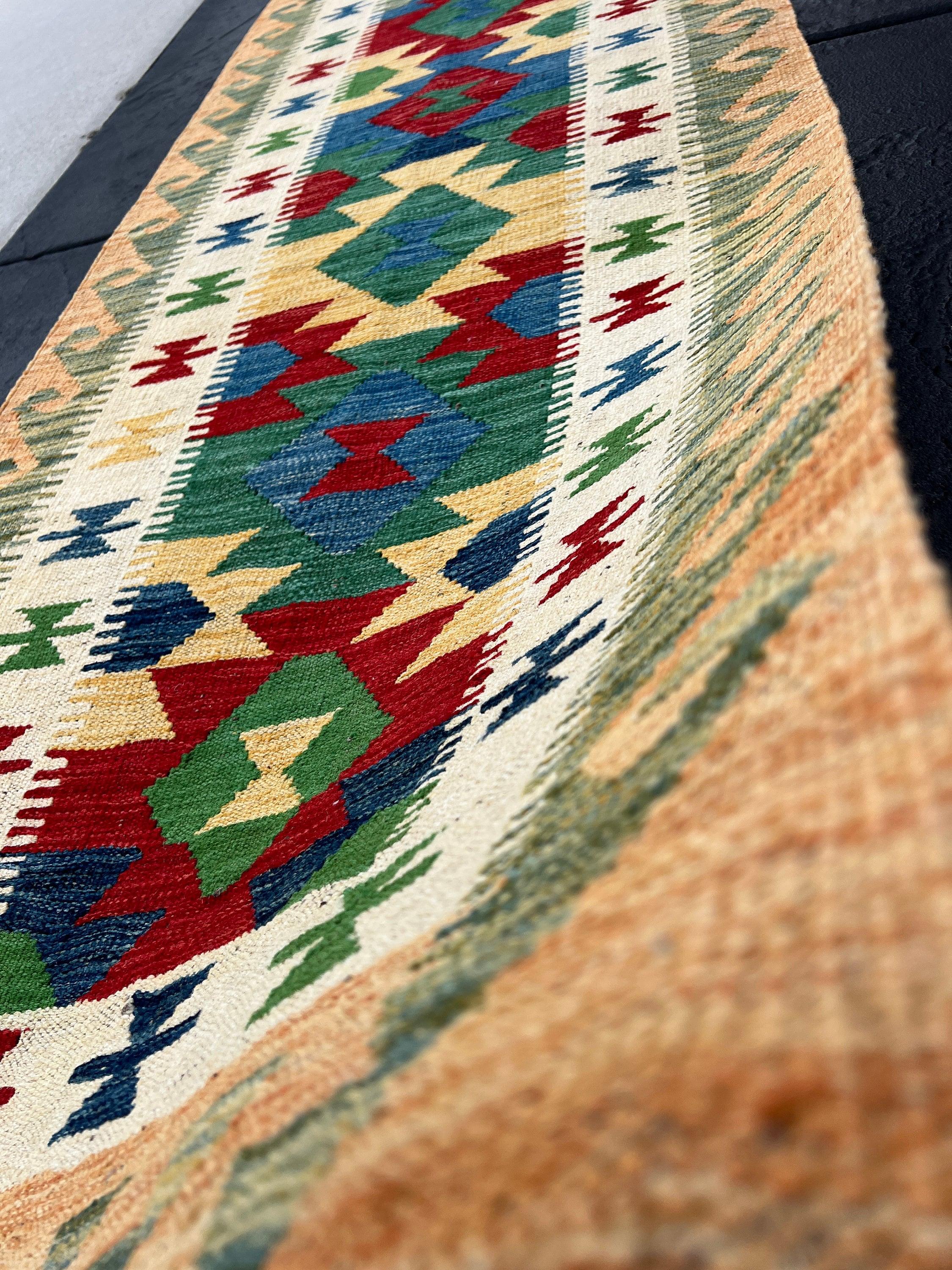 3x13 Handmade Afghan Kilim Runner Rug | Tan Brown Forest Green Red Denim Blue Ivory Cream | Flatweave Flat Woven Boho Persian Wool Outdoor