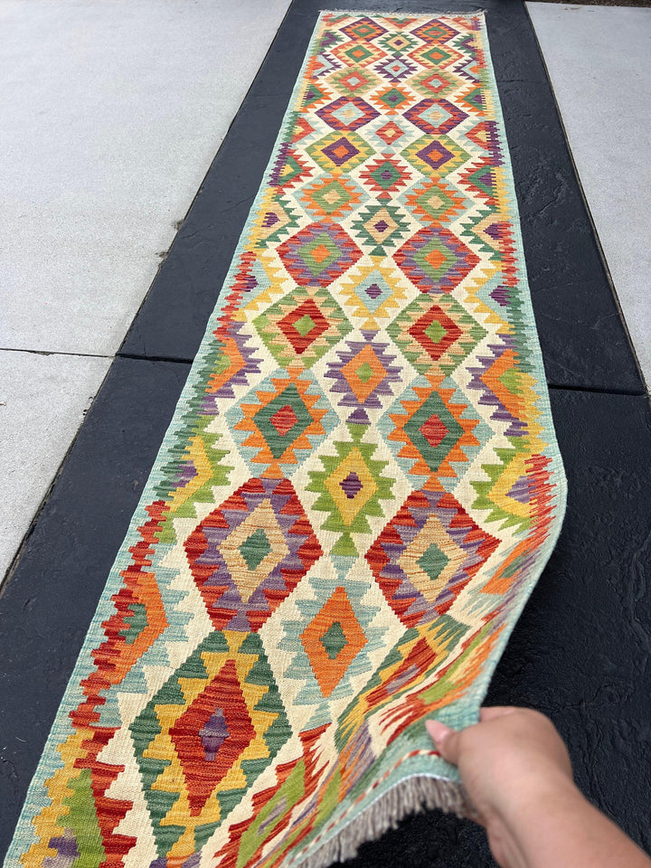 3x13 Handmade Afghan Kilim Runner Rug | Light Blue Purple Lime Pine Green Burnt Orange Golden Yellow Ivory Cream | Flatweave Wool Outdoor