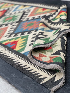 3x13 Handmade Afghan Kilim Runner Rug | Black Ivory Forest Green Denim Blue Red Brown Yellow | Flatweave Wool Flat Woven Persian Outdoor