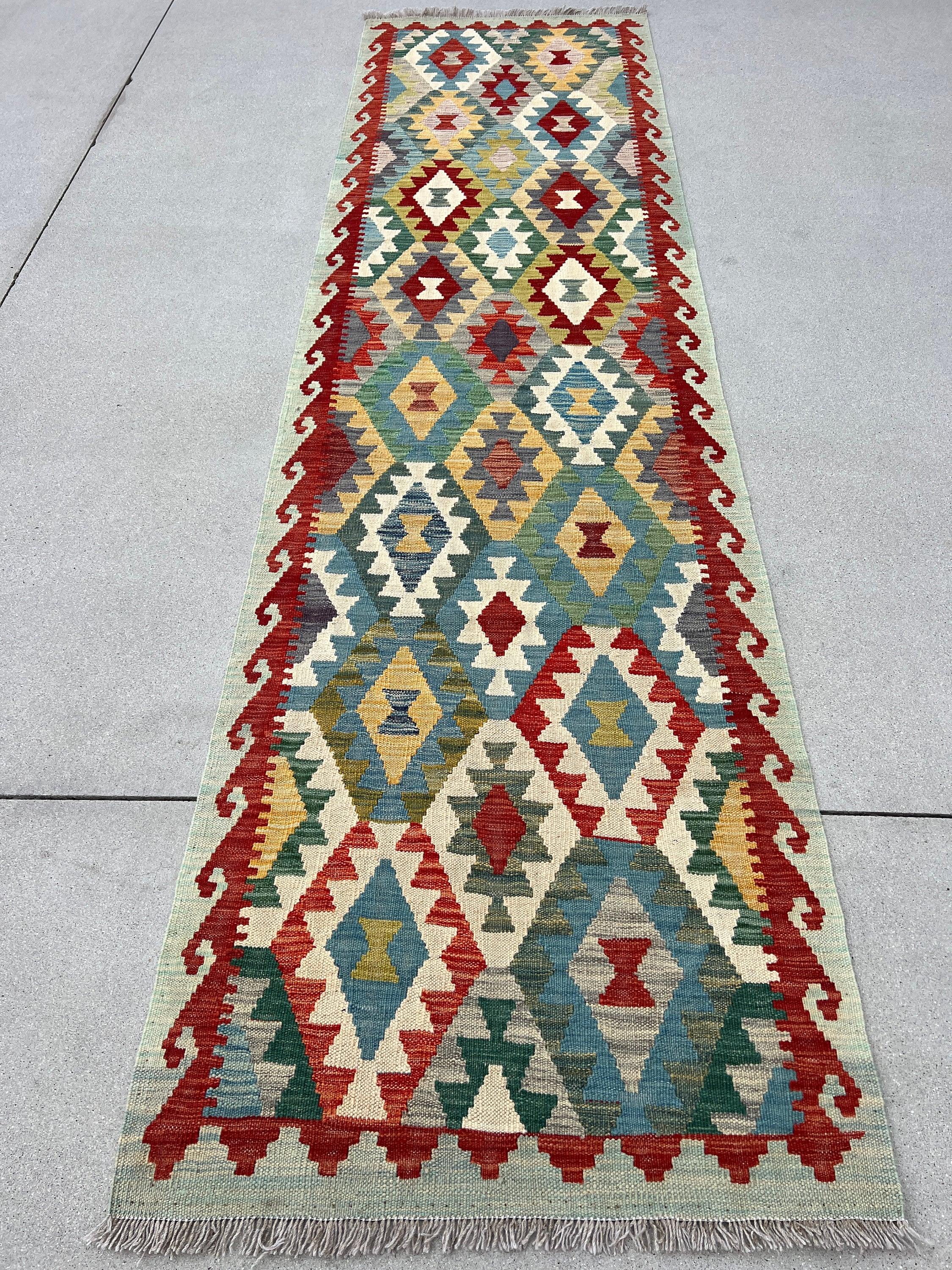 3x10 (90x305) Handmade Afghan Kilim Runner Rug | Denim Blue Pine Green Red Caramel Brown Ivory Cream Light Grey | Flatweave Outdoor Wool