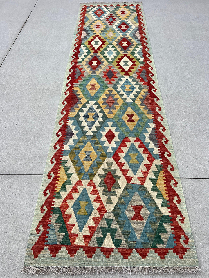 3x10 (90x305) Handmade Afghan Kilim Runner Rug | Denim Blue Pine Green Red Caramel Brown Ivory Cream Light Grey | Flatweave Outdoor Wool