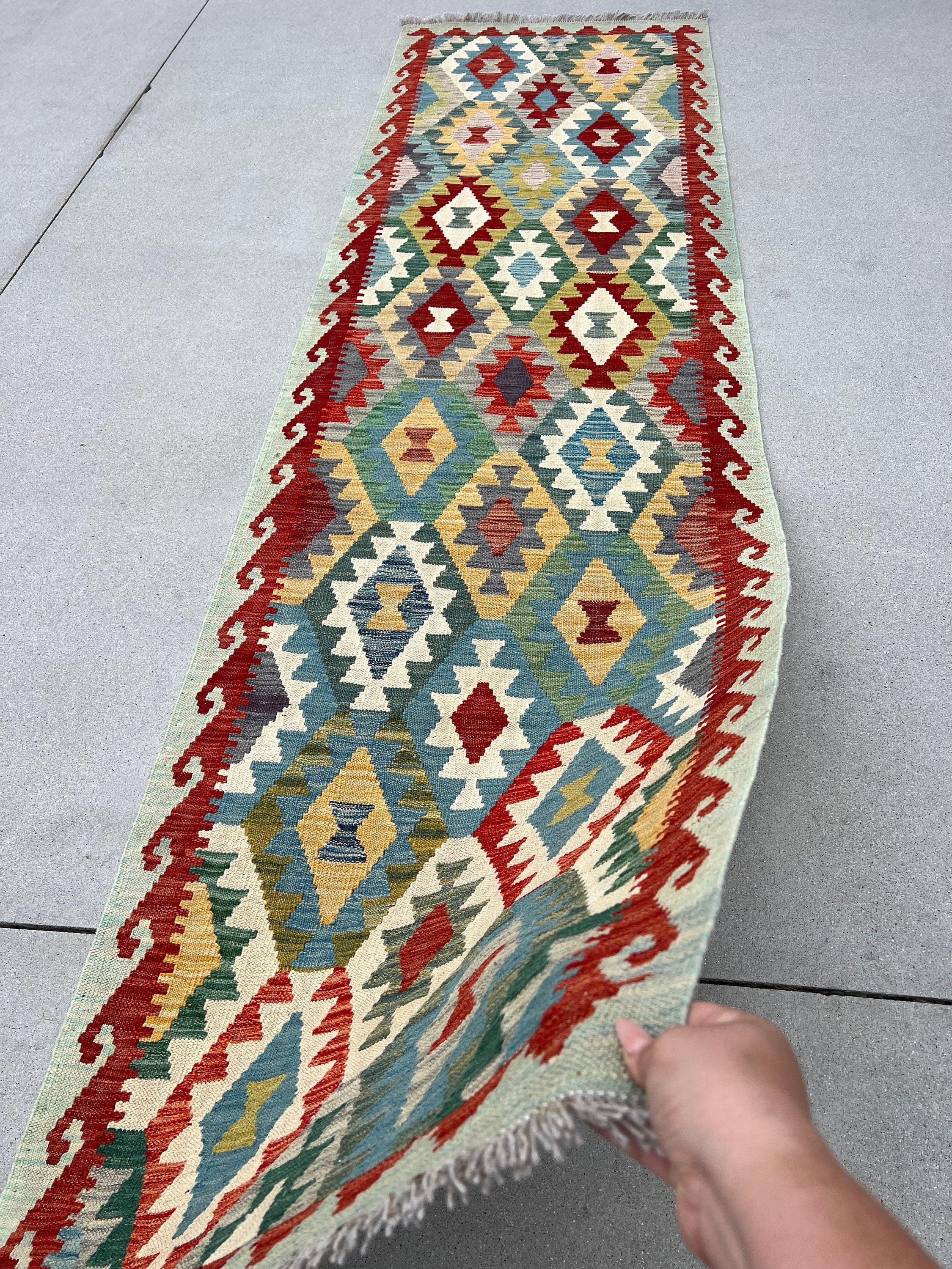 3x10 (90x305) Handmade Afghan Kilim Runner Rug | Denim Blue Pine Green Red Caramel Brown Ivory Cream Light Grey | Flatweave Outdoor Wool