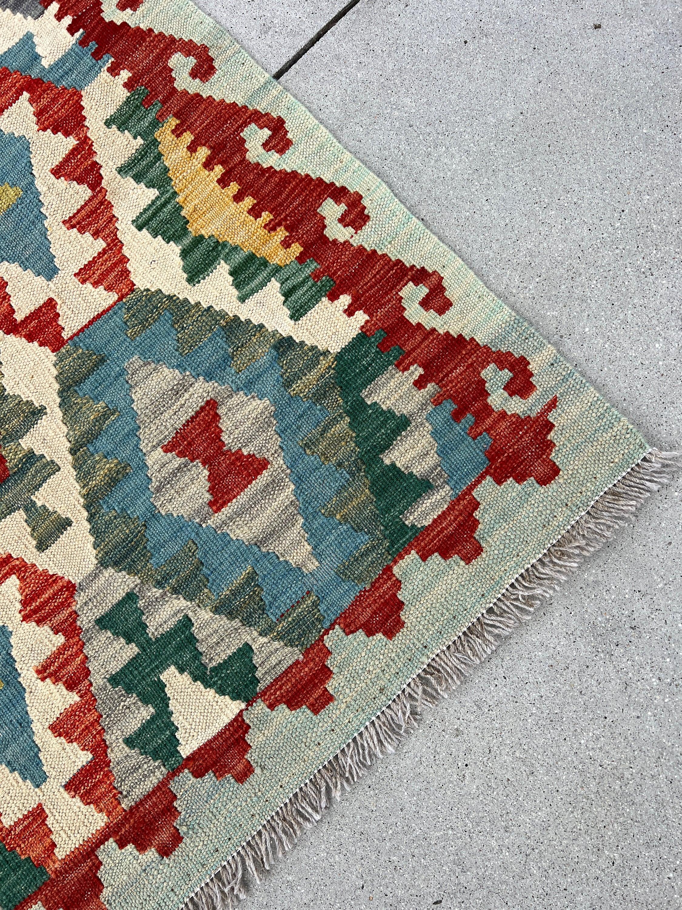 3x10 (90x305) Handmade Afghan Kilim Runner Rug | Denim Blue Pine Green Red Caramel Brown Ivory Cream Light Grey | Flatweave Outdoor Wool