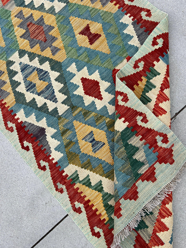 3x10 (90x305) Handmade Afghan Kilim Runner Rug | Denim Blue Pine Green Red Caramel Brown Ivory Cream Light Grey | Flatweave Outdoor Wool