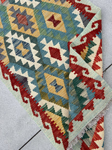3x10 (90x305) Handmade Afghan Kilim Runner Rug | Denim Blue Pine Green Red Caramel Brown Ivory Cream Light Grey | Flatweave Outdoor Wool