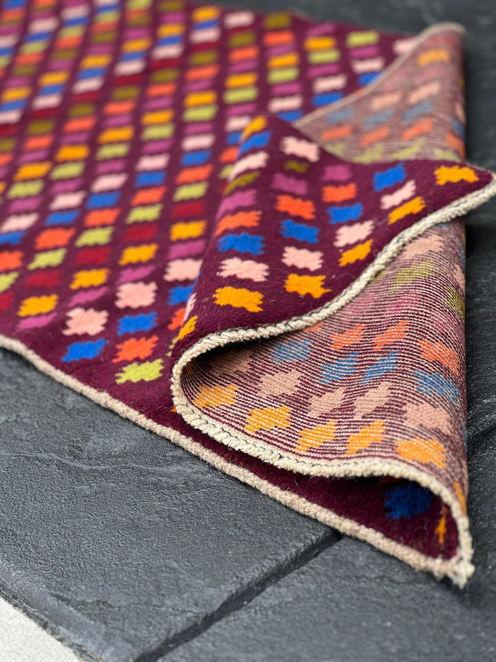 3x10 Handmade Afghan Runner Rug | Maroon Purple Magenta Baby Pink Orange Green Blue Red Green | Tribal Oriental Boho Geometric Persian Wool