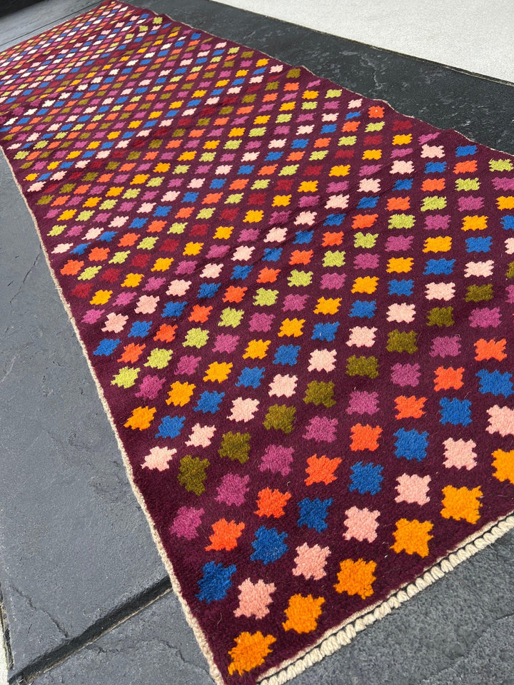 3x10 Handmade Afghan Runner Rug | Maroon Purple Magenta Baby Pink Orange Green Blue Red Green | Tribal Oriental Boho Geometric Persian Wool