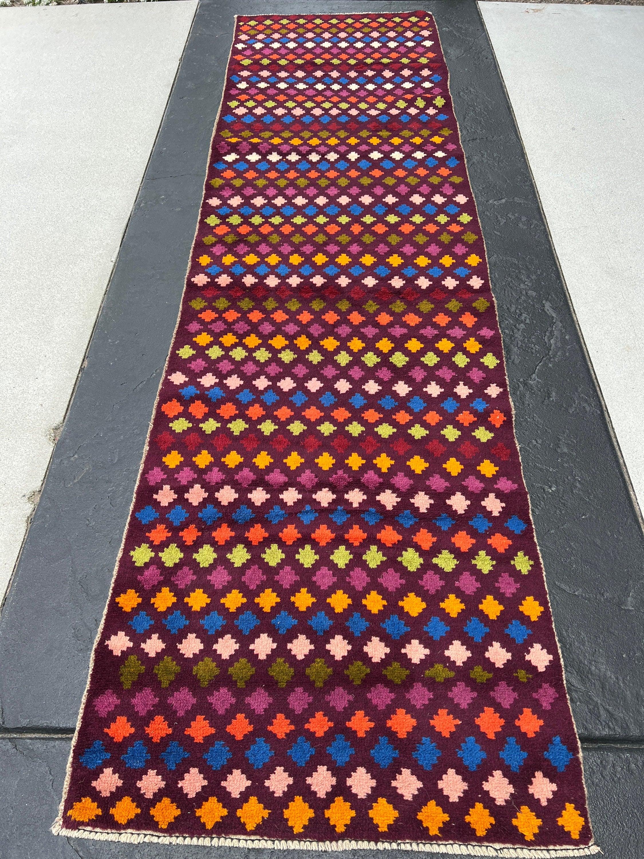 3x10 Handmade Afghan Runner Rug | Maroon Purple Magenta Baby Pink Orange Green Blue Red Green | Tribal Oriental Boho Geometric Persian Wool