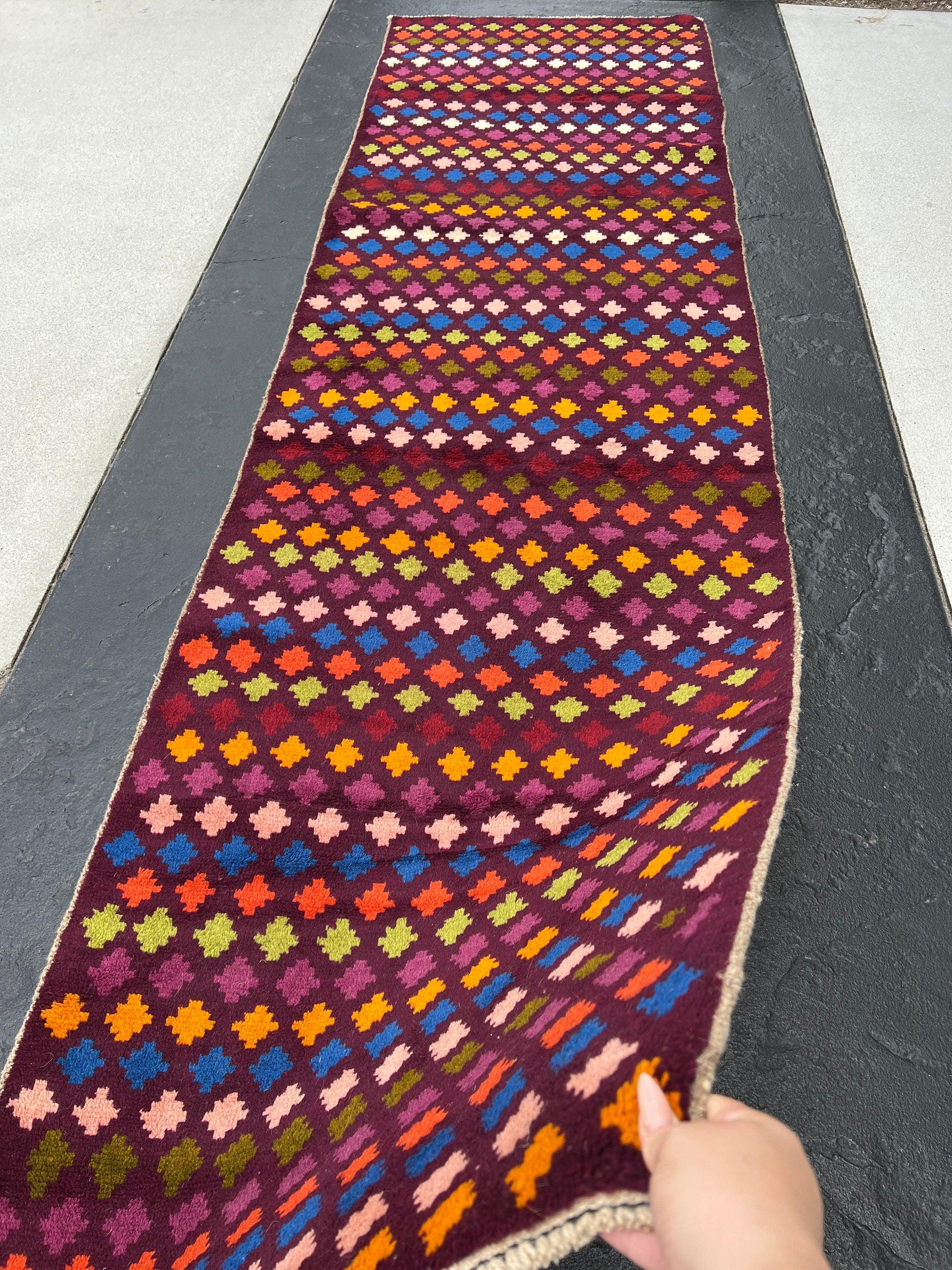 3x10 Handmade Afghan Runner Rug | Maroon Purple Magenta Baby Pink Orange Green Blue Red Green | Tribal Oriental Boho Geometric Persian Wool