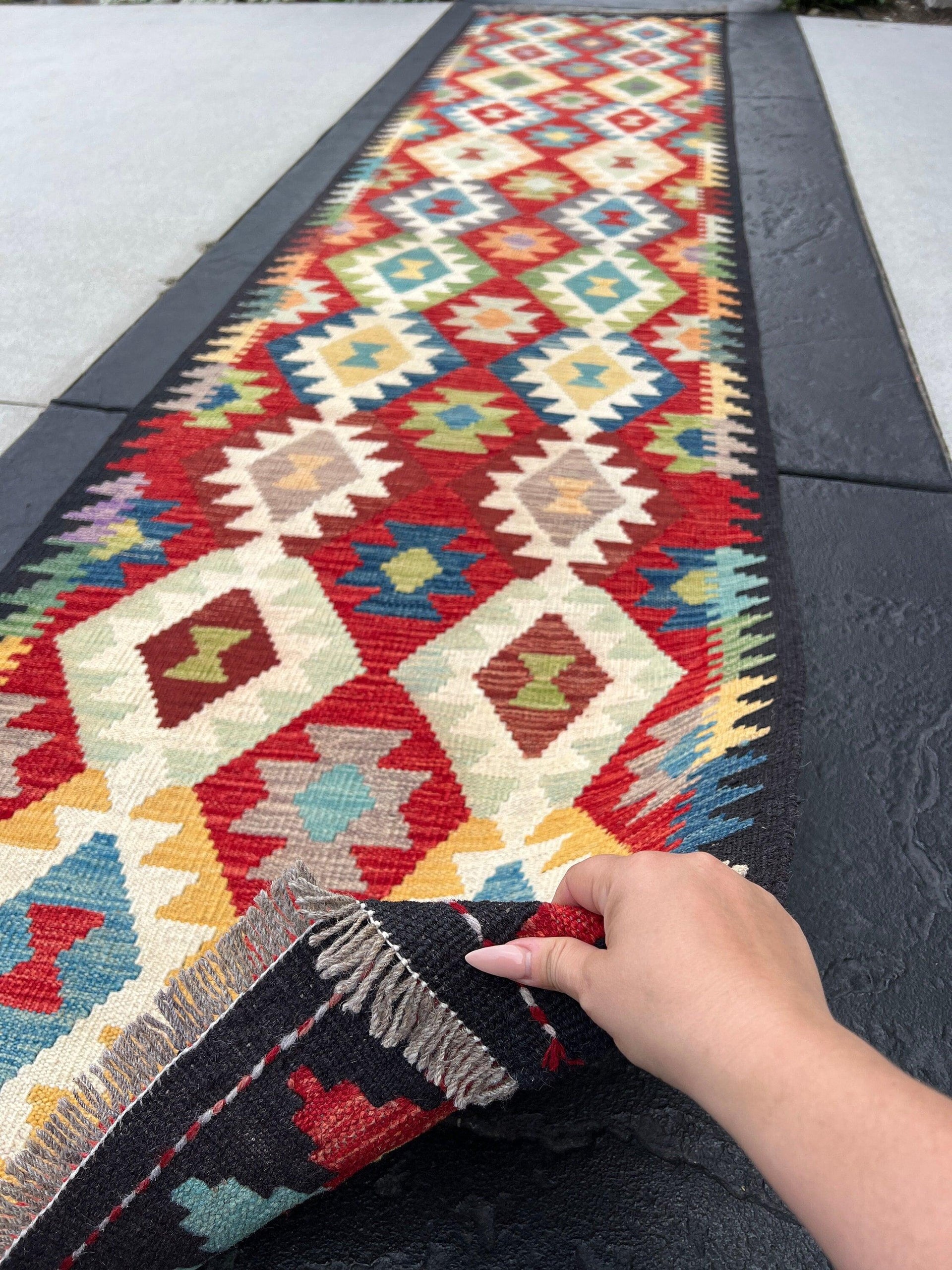 3x13 Handmade Afghan Kilim Runner Rug | Cherry Garnet Red Black Mustard Yellow Blue Light Green Ivory Cream Light Brown Mauve | Flatweave