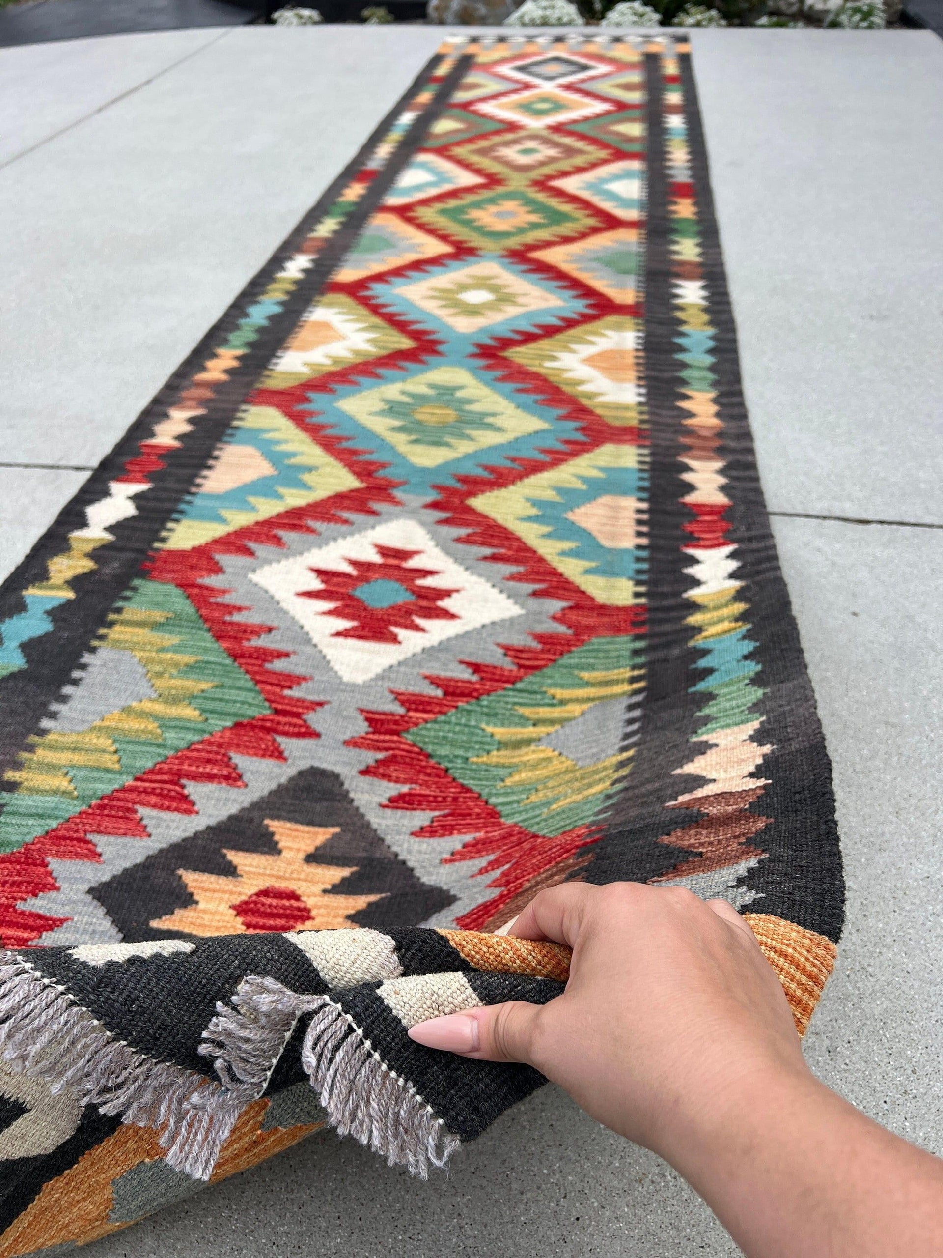 3x13 Handmade Afghan Kilim Runner Rug | Charcoal Black Grey Caramel Red White Green Baby Blue Chocolate Brown | Flatweave Flat Woven Wool