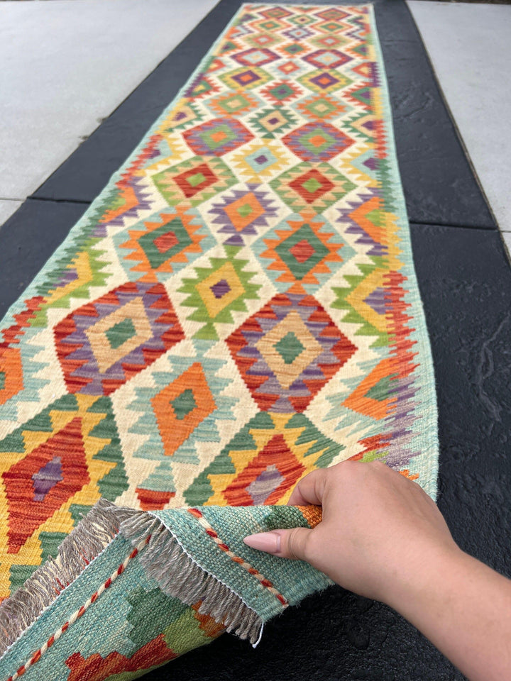 3x13 Handmade Afghan Kilim Runner Rug | Light Blue Purple Lime Pine Green Burnt Orange Golden Yellow Ivory Cream | Flatweave Wool Outdoor