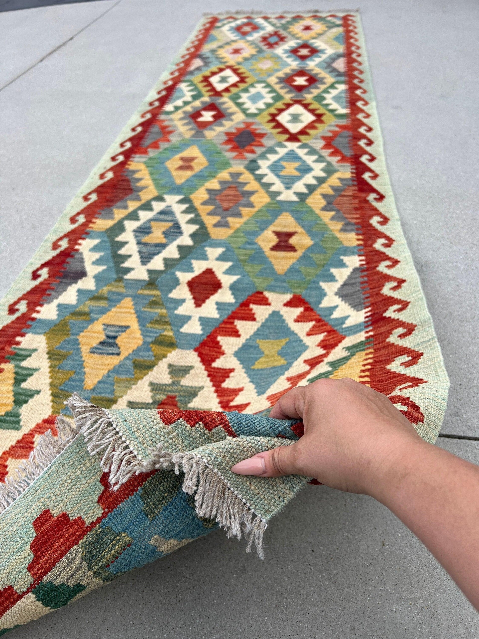 3x10 (90x305) Handmade Afghan Kilim Runner Rug | Denim Blue Pine Green Red Caramel Brown Ivory Cream Light Grey | Flatweave Outdoor Wool