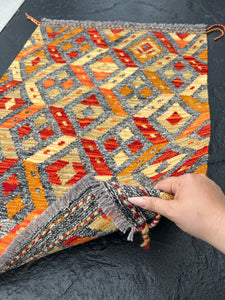 3x4 Handmade Afghan Kilim Rug | Grey Burnt Fire Orange Golden Yellow | Flatweave Flatwoven Persian Bohemian Oriental Geometric Wool Outdoor