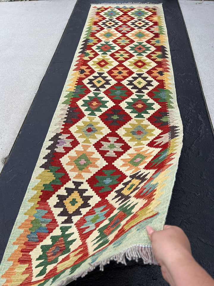 3x10 Handmade Afghan Kilim Runner Rug | Pine Olive Green Denim Blue Red Mustard Yellow Ivory Cream Purple Black | Flatweave Flat Woven Wool