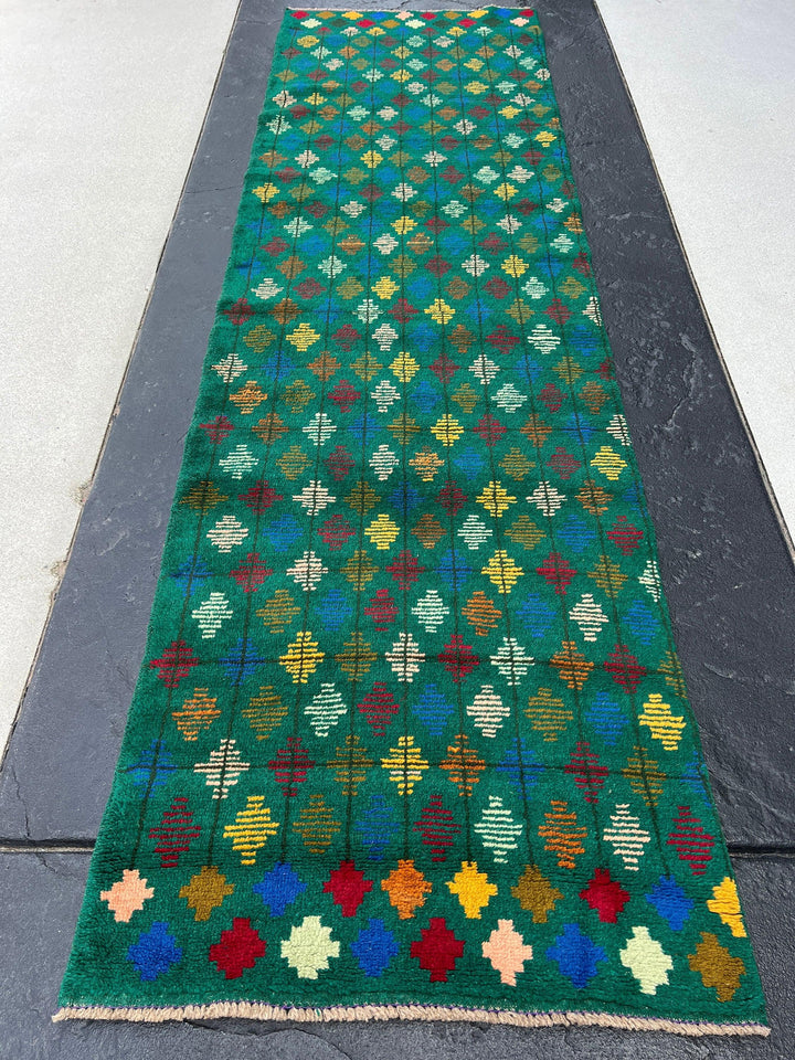 3x10 Handmade Afghan Runner Rug | Forest Green Cherry Red Mustard Olive Denim Blue Pink | Tribal Oriental Boho Geometric Persian Wool