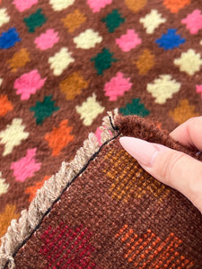 3x10 Handmade Vintage Baluch Afghan Runner Rug Chocolate Rose Pink Pine Green Golden Brown Blue Beige Tribal Oriental Boho Geometric Persian