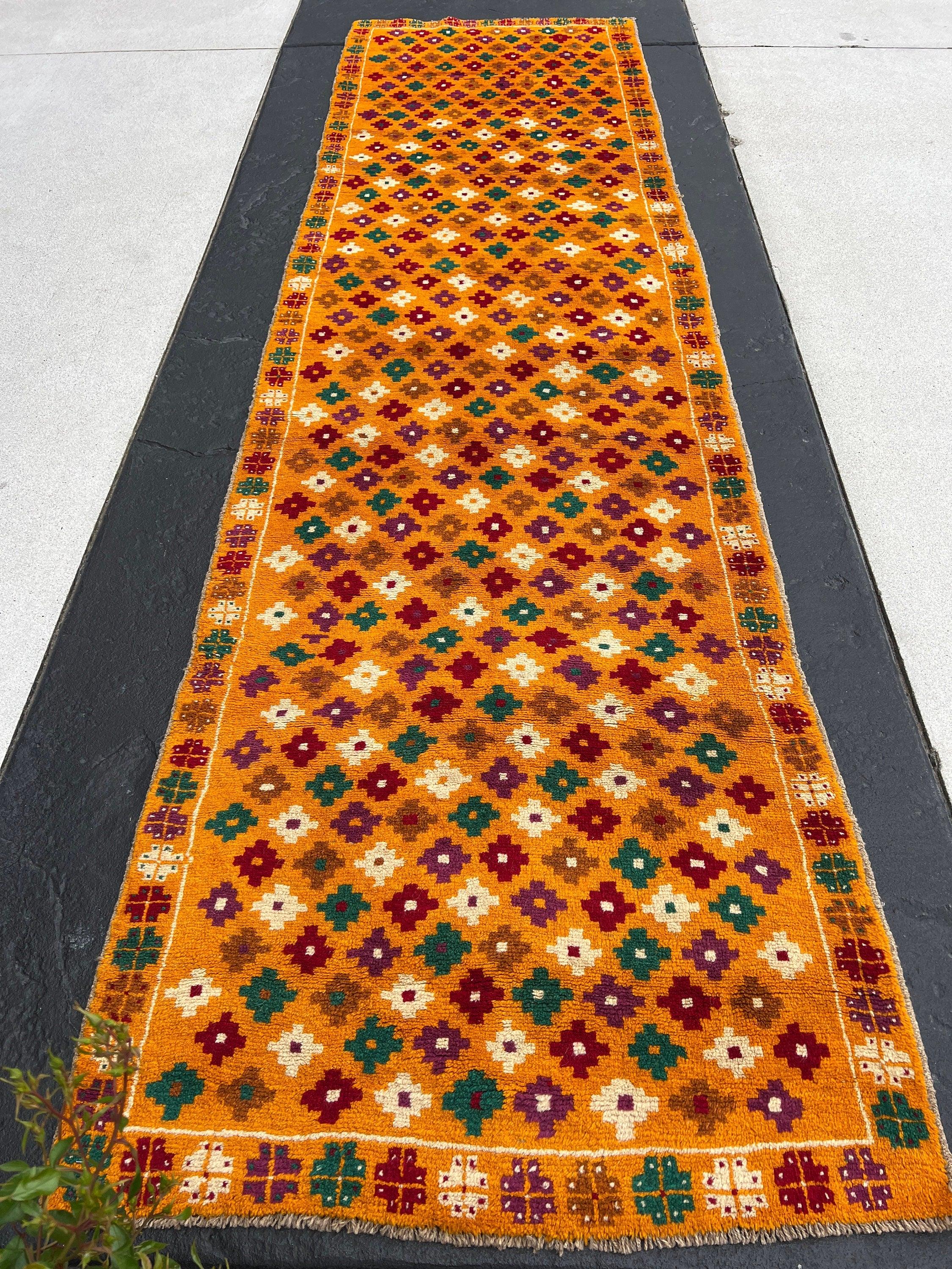 3x10 Handmade Vintage Baluch Afghan Runner Rug | Burnt Orange Purple Pine Green Cherry Red Beige Taupe | Tribal Oriental Boho Geometric Wool