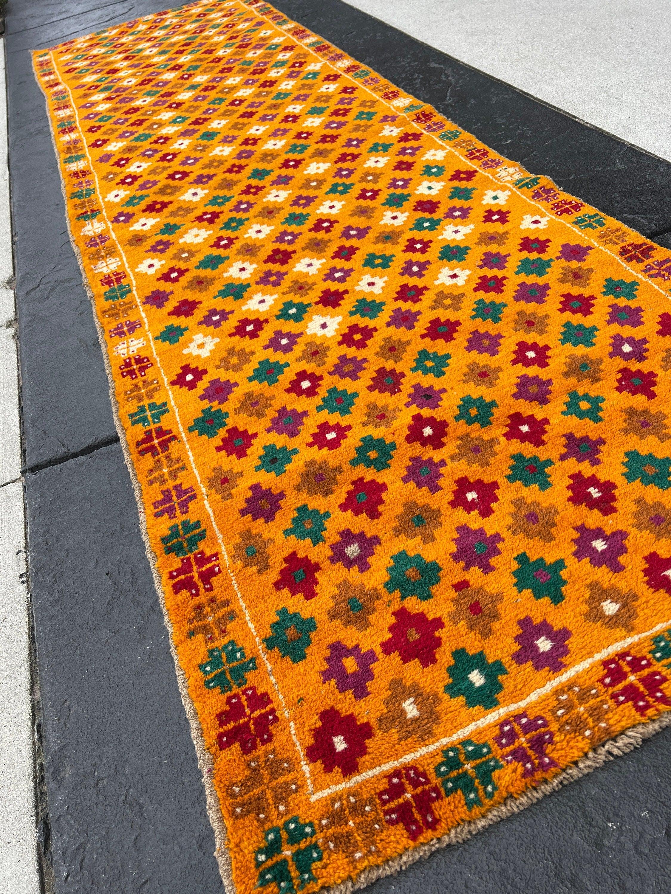 3x10 Handmade Vintage Baluch Afghan Runner Rug | Burnt Orange Purple Pine Green Cherry Red Beige Taupe | Tribal Oriental Boho Geometric Wool