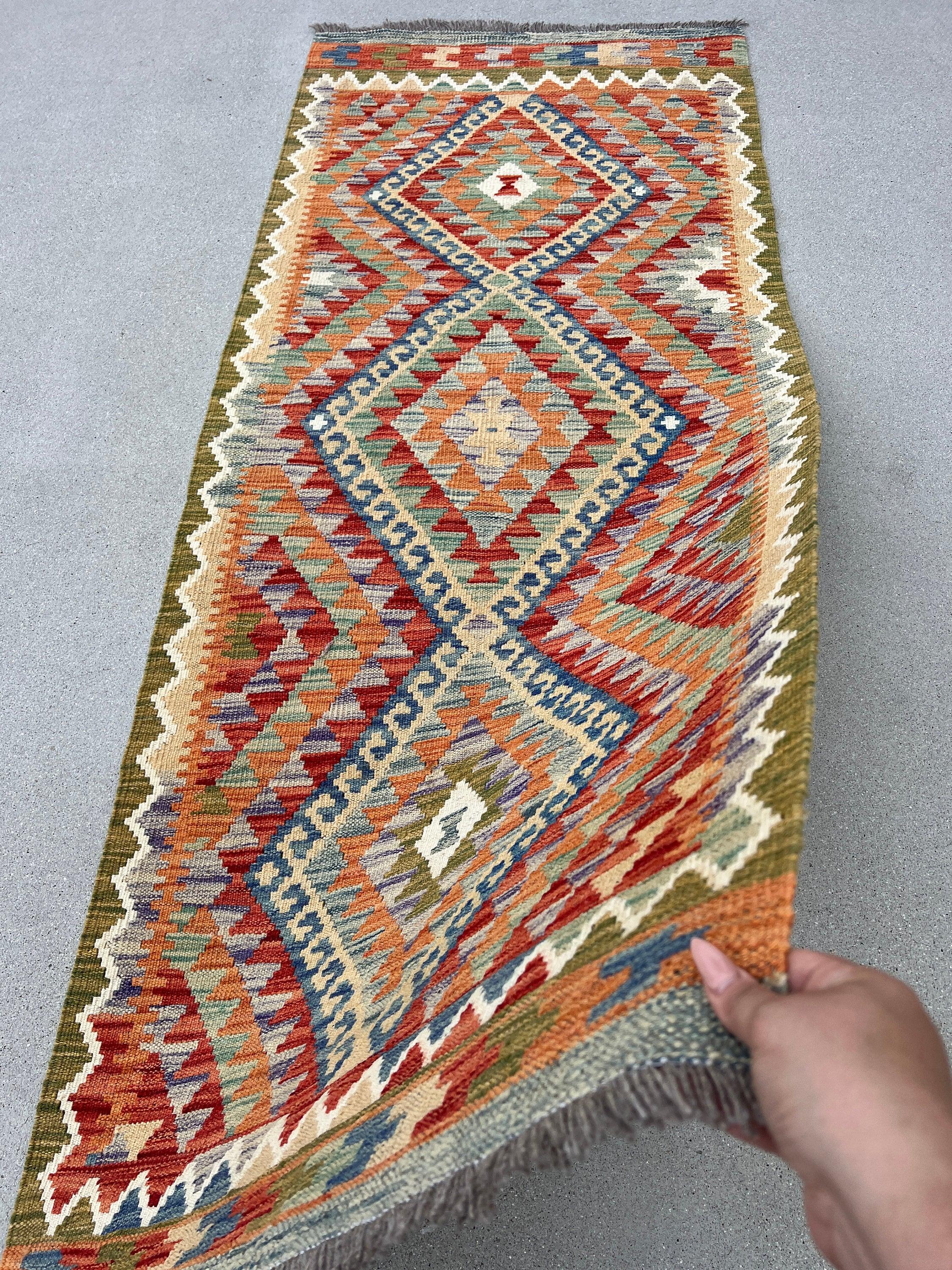 3x7 Handmade Afghan Kilim Runner Rug | Olive Moss Green Indigo Rust Burnt Orange Ivory Teal Midnight Blue Beige | Flatweave Persian Outdoor