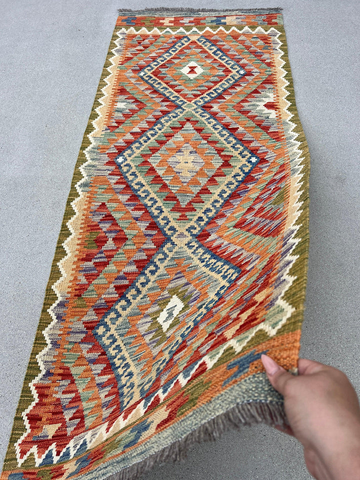 3x7 Handmade Afghan Kilim Runner Rug | Olive Moss Green Indigo Rust Burnt Orange Ivory Teal Midnight Blue Beige | Flatweave Persian Outdoor