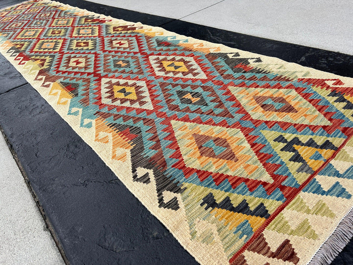 3x14 Handmade Afghan Kilim Runner Rug | Beige Teal Chocolate Brown Cherry Red Olive Green Orange Charcoal Grey Black Flatweave Wool Outdoor