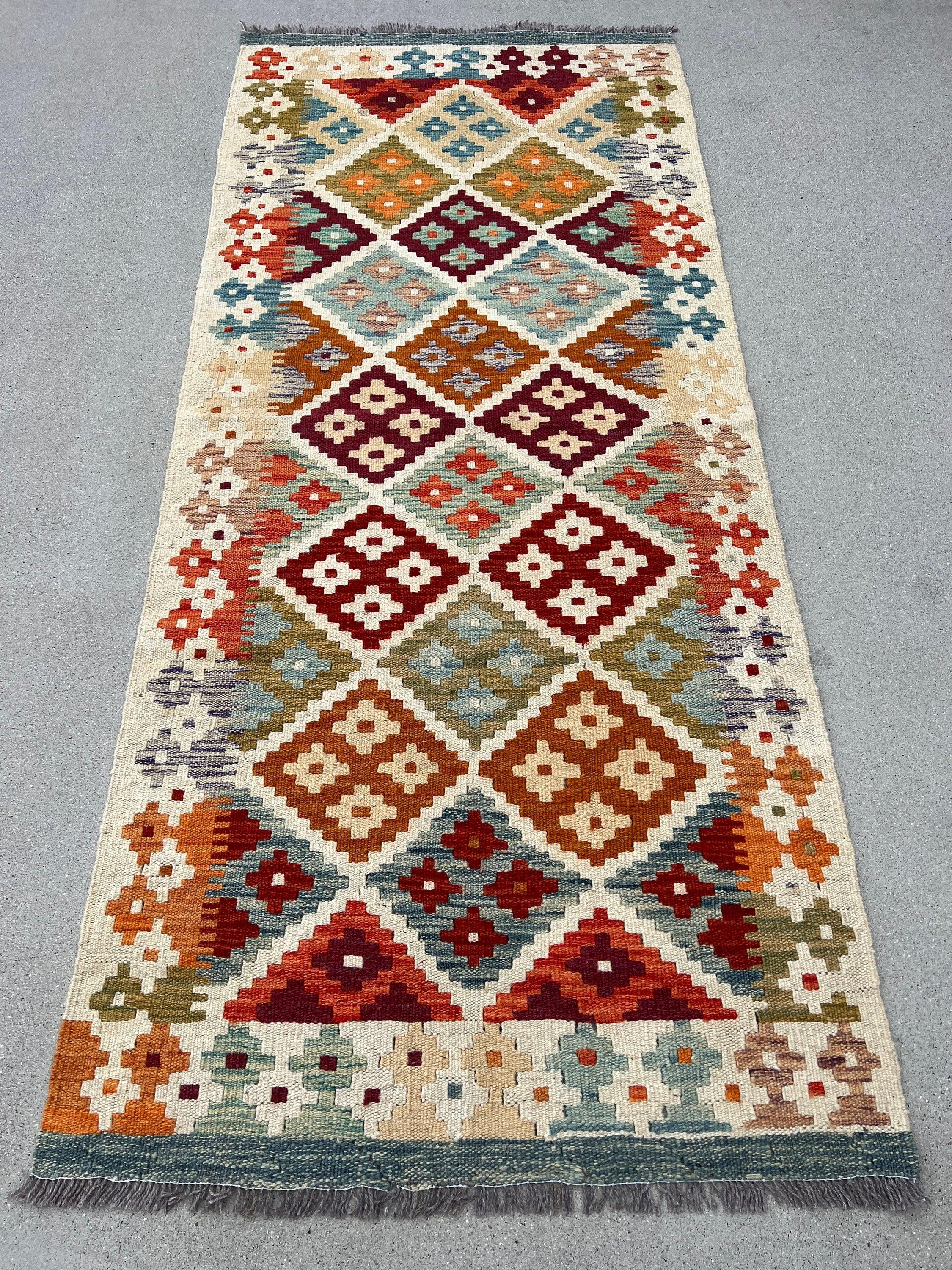 3x7 Handmade Afghan Kilim Runner Rug | Cream Beige Crimson Red Olive Green Light Blue Rust Burnt Orange Brown Flatweave Persian Wool Outdoor