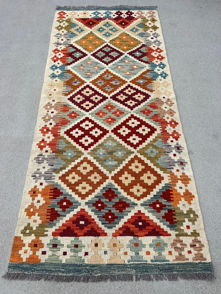 3x7 Handmade Afghan Kilim Runner Rug | Cream Beige Crimson Red Olive Green Light Blue Rust Burnt Orange Brown Flatweave Persian Wool Outdoor